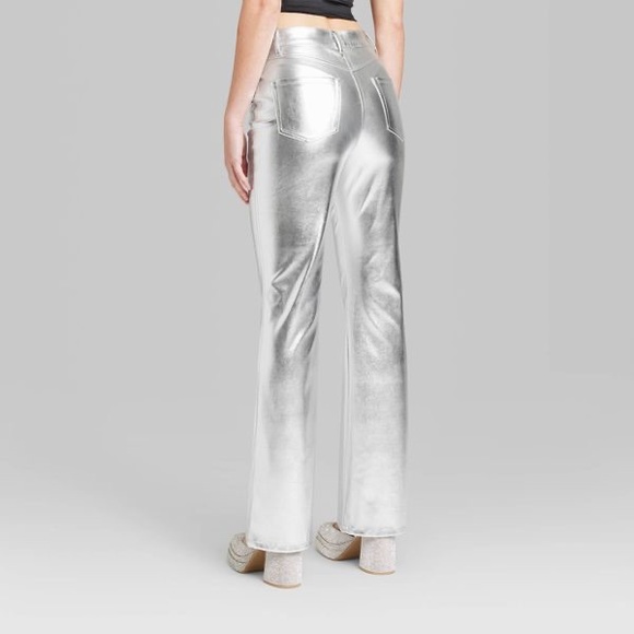 Women's High-Rise Metallic Flare Pants Metallic Silver Size 10 - Picture 3 of 3